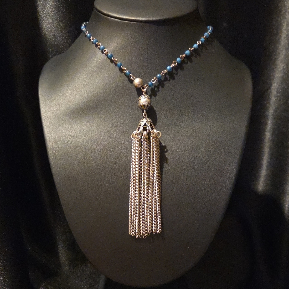 Bohemian Blue and Silver Beaded Tassel Necklace